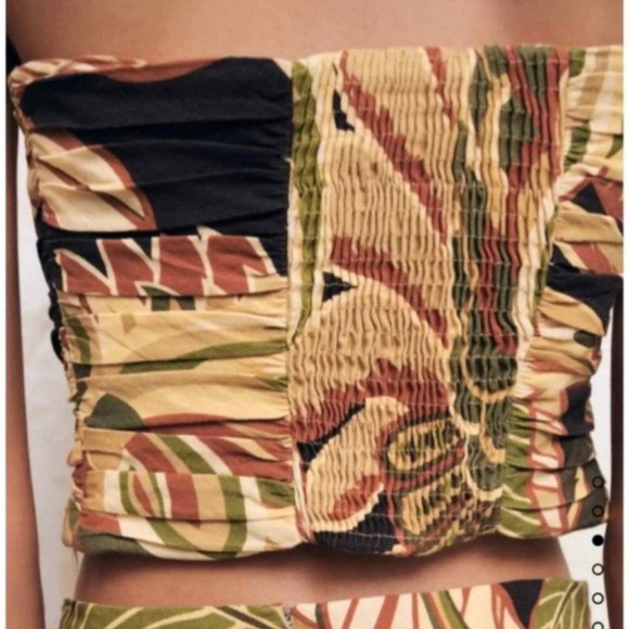 NWT ZARA Linen Blend Green Beige Black Smocked Ruffled Top - Picture 4 of 8